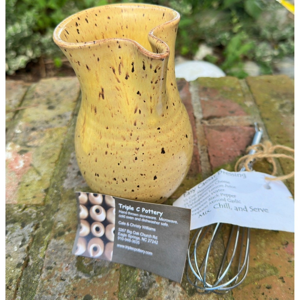 Triple C Pottery Stoneware Salad Dressing Pitcher Whisk Set Yellow NC Farmhouse